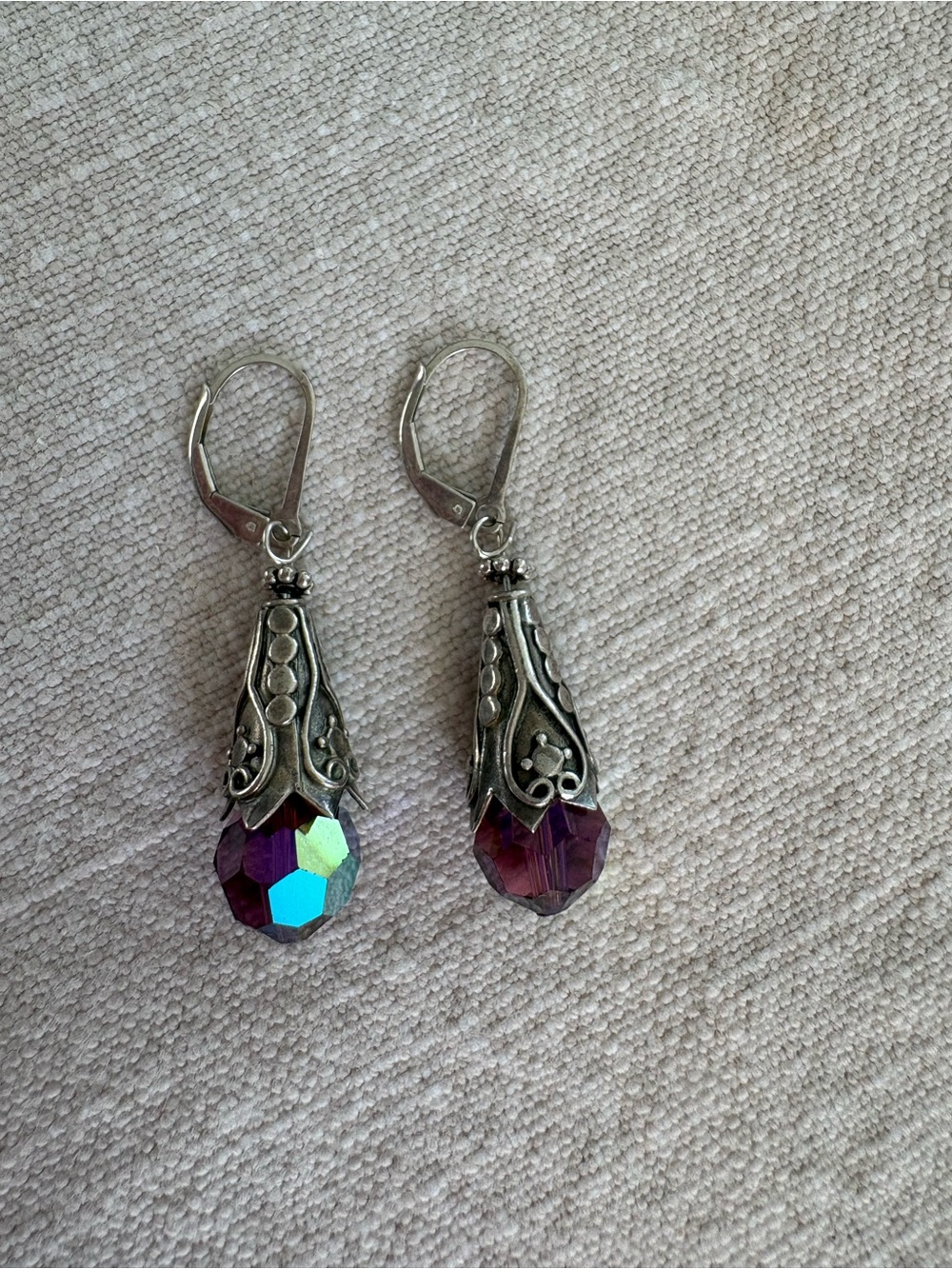 Sterling Silver Filigree Earrings with Iridescent Purple Crystal Whimsigoth